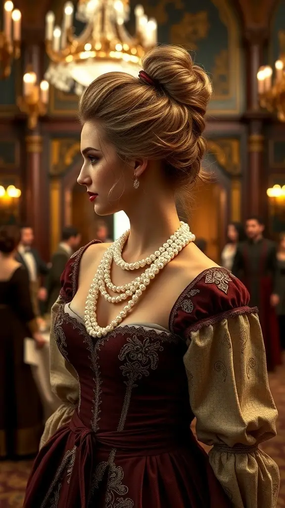 A woman with an elegant updo hairstyle, wearing a burgundy gown and pearl jewelry, set in a lavish medieval-inspired environment.