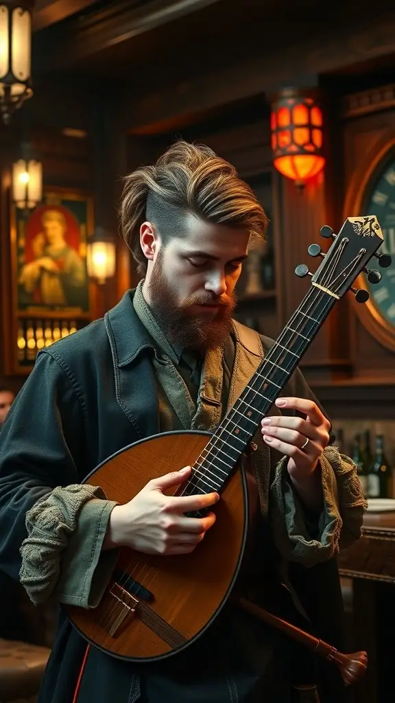 A bard with a stylish hairstyle playing a lute in a tavern.