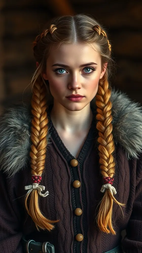 A woman with long braided hair wearing a cozy sweater with a fur collar, representing traditional Northern hairstyles.