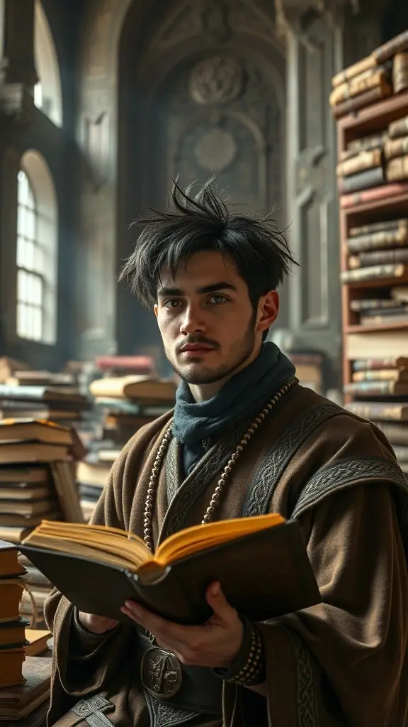 A young man in a scholarly setting, reading a book with a minimalist hairstyle, surrounded by bookshelves.