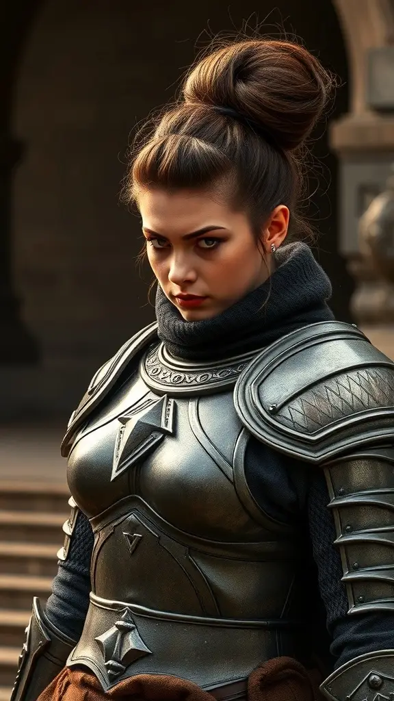 A woman in medieval armor with a high bun hairstyle, exuding strength and confidence.