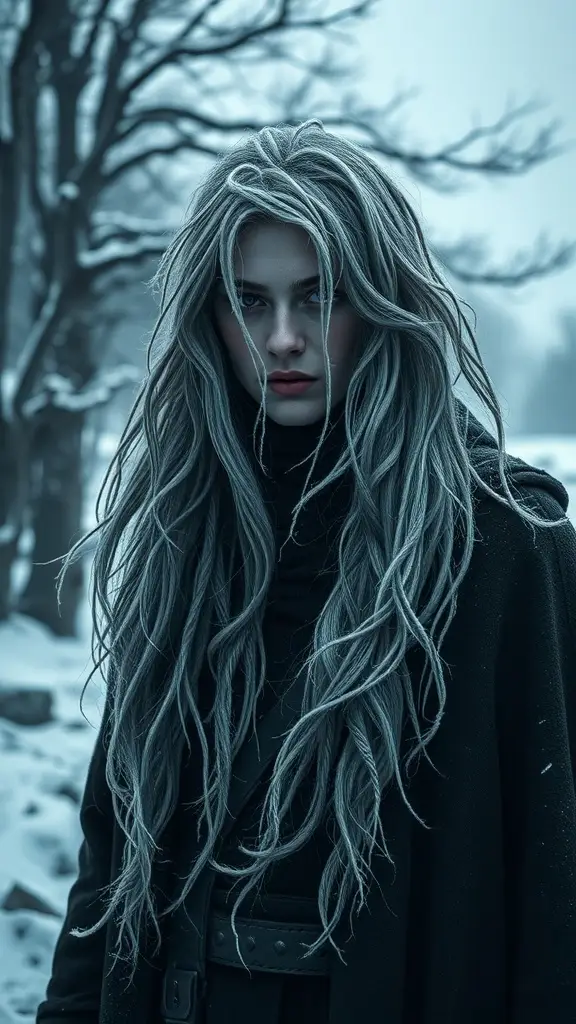 A character with long, silvery hair in a snowy landscape, resembling a White Walker from Game of Thrones.