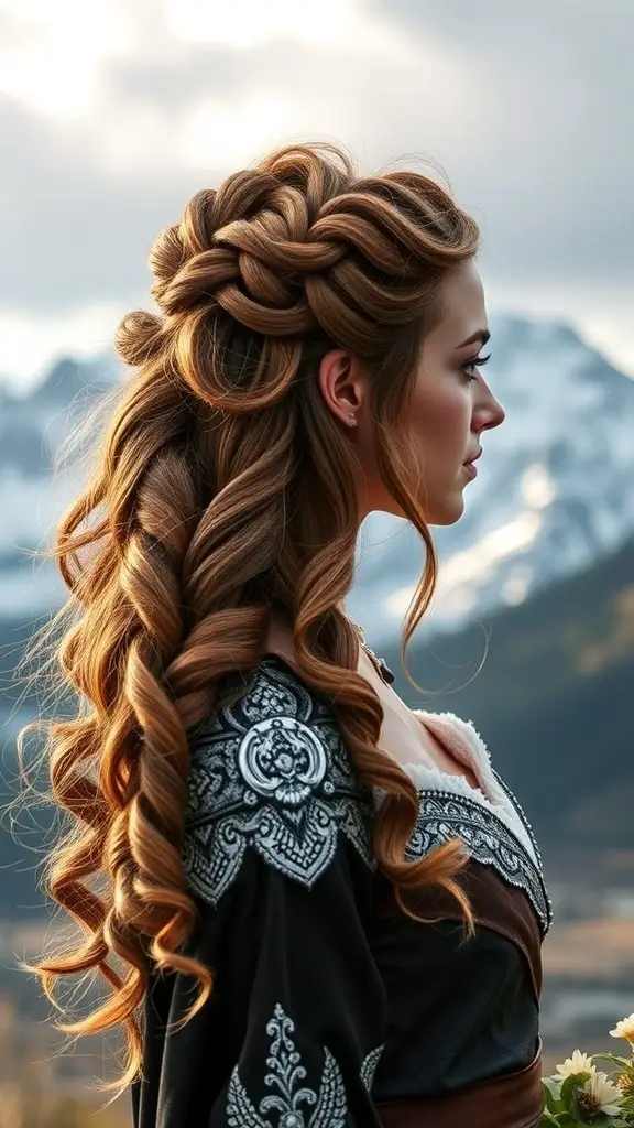 A woman with a romantic medieval hairstyle featuring intricate braids and curls, set against a mountainous backdrop.