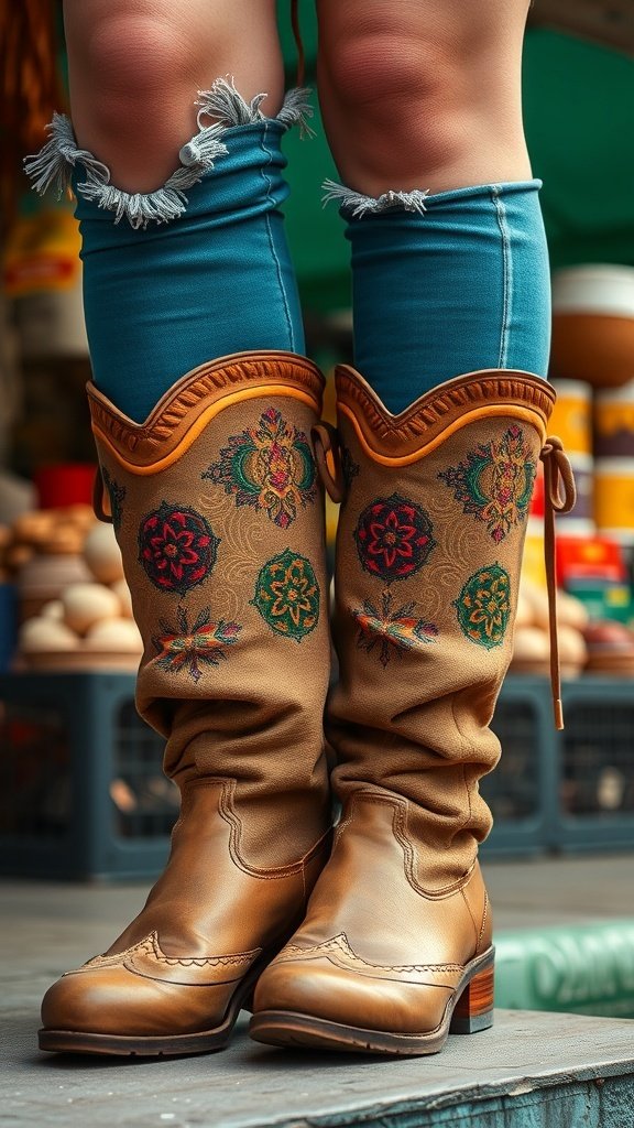 A variety of Boho boots displayed on a light background with letters and pencils.
