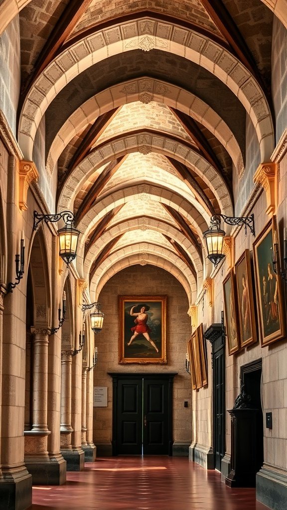 A beautifully designed hallway with stone walls, arches, antique lanterns, and framed artwork.