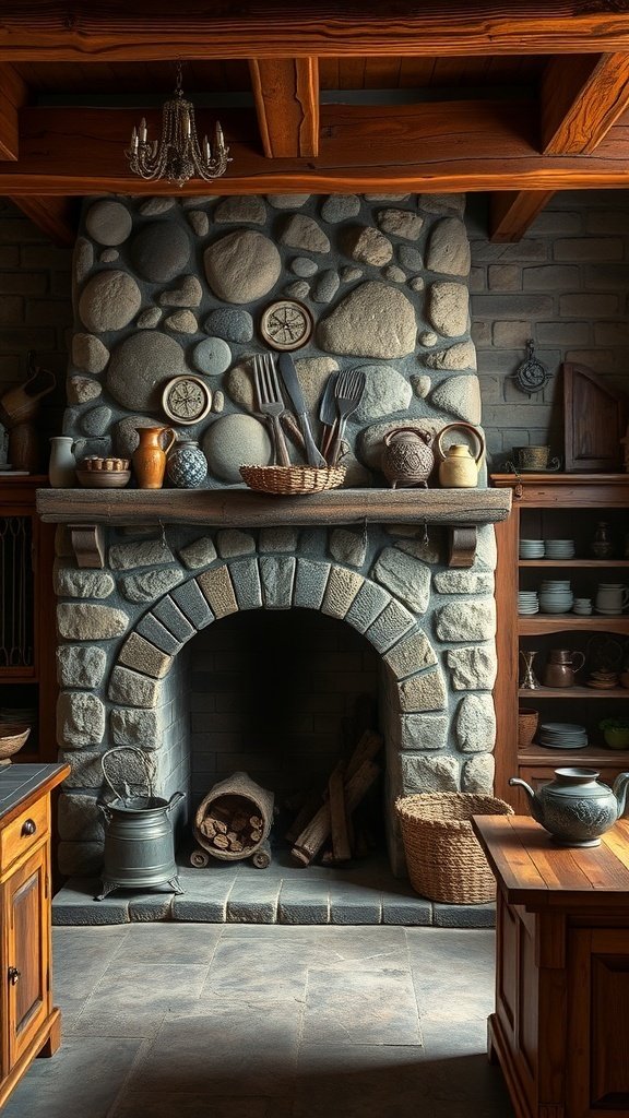 A rustic kitchen featuring a stone fireplace, wooden beams, and antique furnishings.