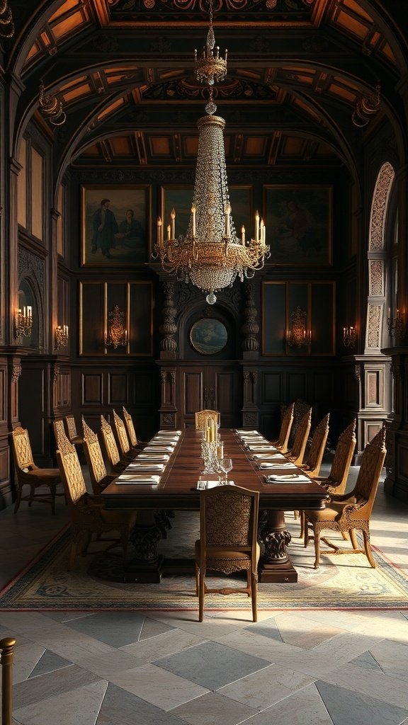 An opulent dining room with a long wooden table, ornate chairs, and a sparkling chandelier.