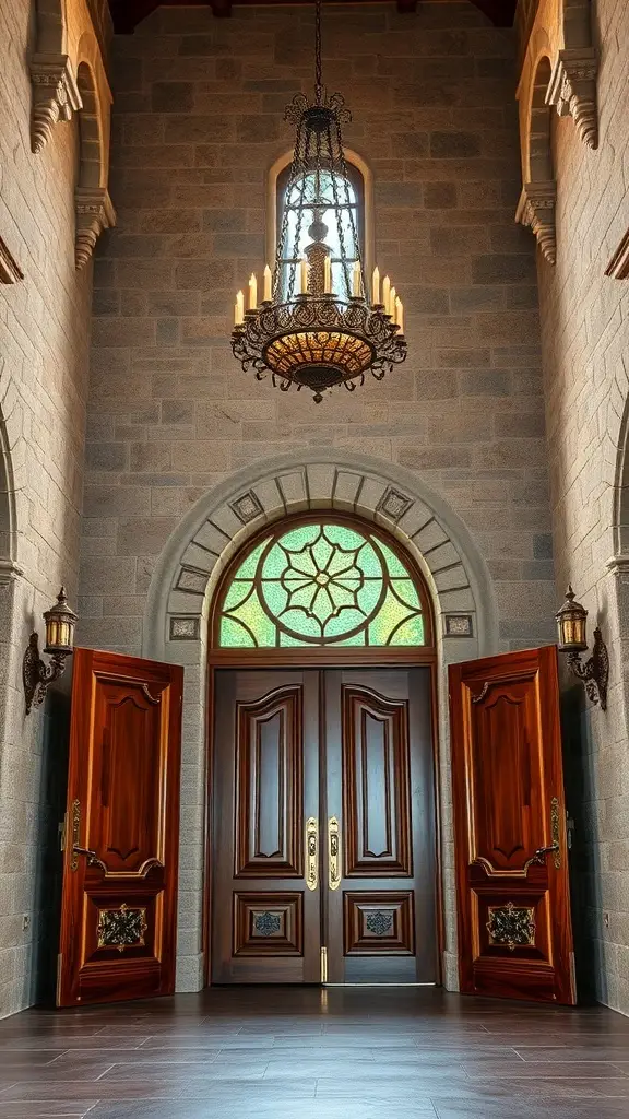 A grand stone entryway featuring wooden doors, a chandelier, and stone walls.