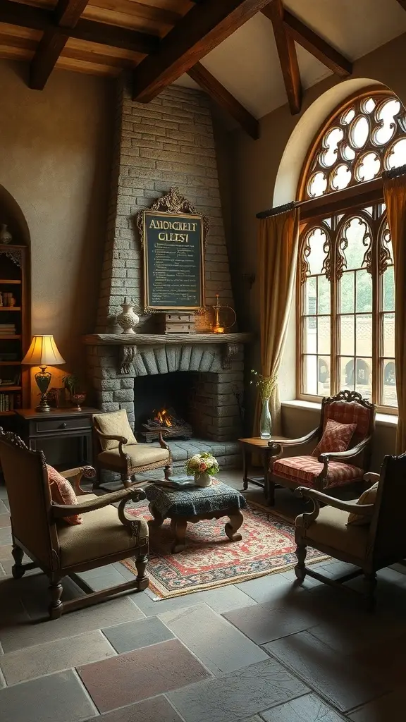 A cozy sitting area with stone walls, a fireplace, and antique furnishings, featuring comfortable chairs and a warm atmosphere.