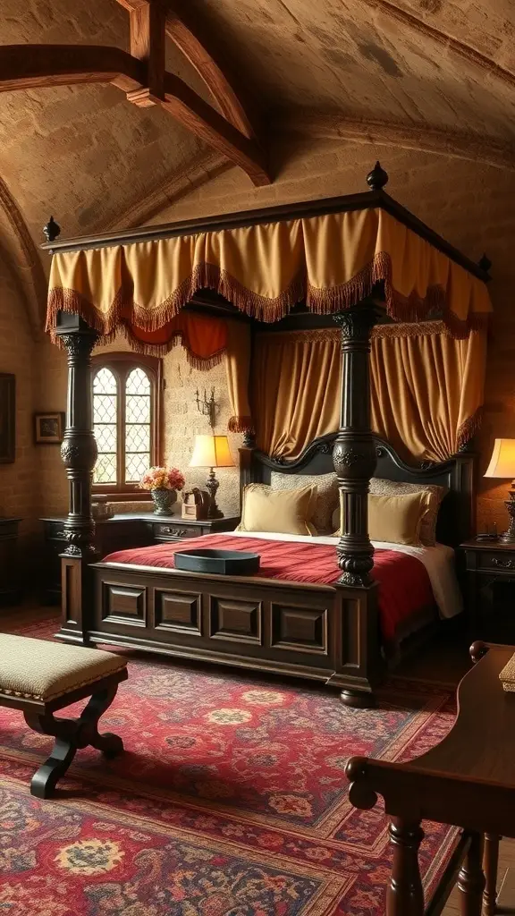 A regal bedroom featuring a four-poster bed, stone walls, and antique furnishings.