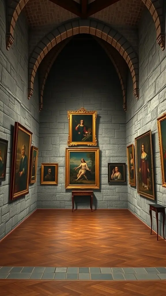 A gallery with stone walls, high arched ceilings, and various framed paintings.
