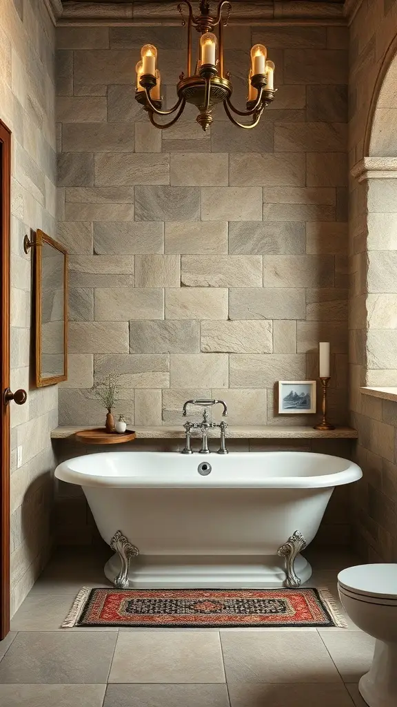 Luxurious bathroom with stone walls, freestanding tub, and chandelier