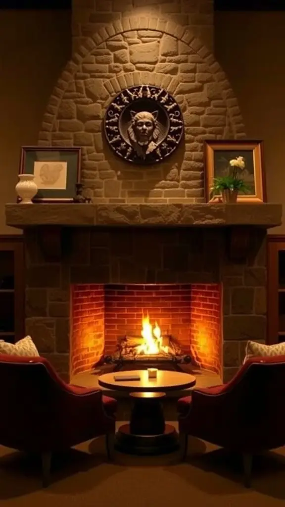 A cozy stone fireplace with a warm fire, surrounded by comfortable chairs and antique decor.