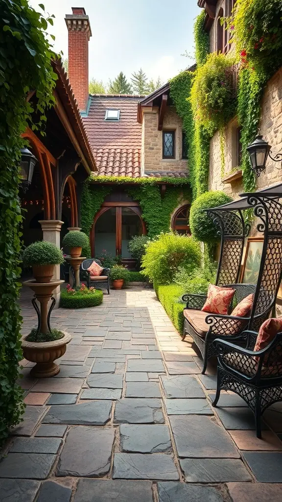 A beautiful outdoor patio with stone flooring, lush greenery, and comfortable seating, inspired by castle interiors.