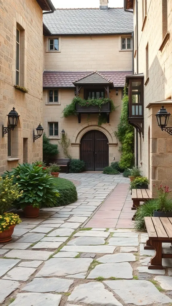 A charming courtyard with stone walls, benches, and lush greenery.