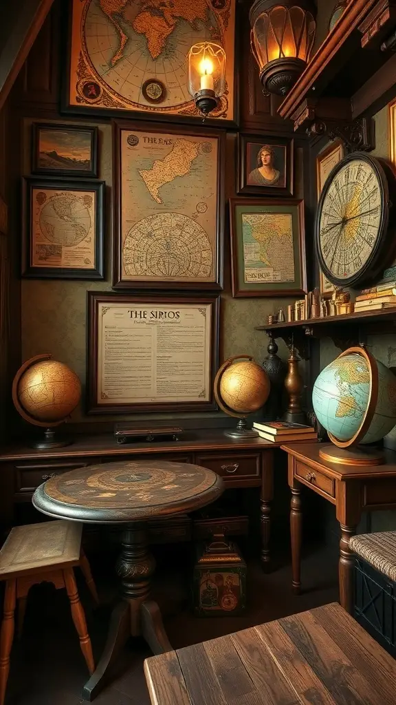 A cozy room with stone walls, antique furnishings, and framed maps, creating a historical decor theme.
