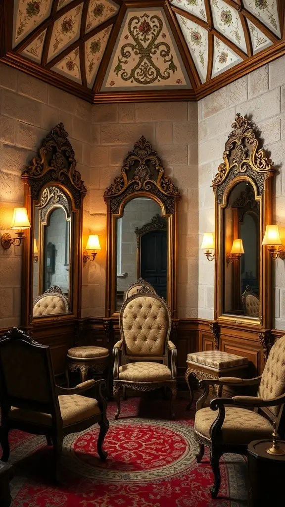 Luxurious dressing room with stone walls, ornate mirrors, and antique furnishings.