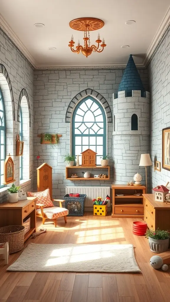 A whimsical children's room with stone walls, a castle turret, and wooden furniture.