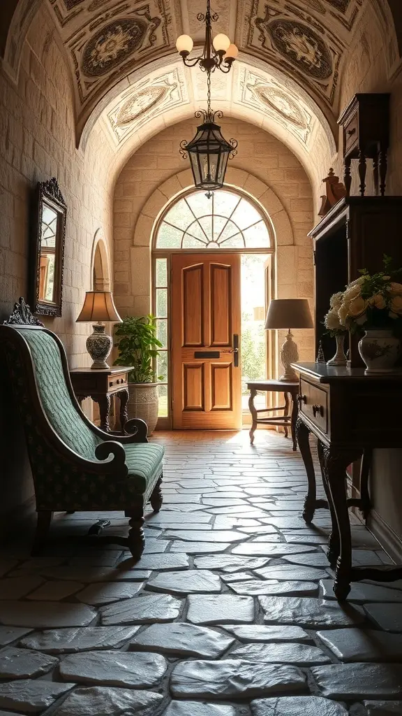 A chic entry hall with stone walls, an arched ceiling, and antique furnishings.