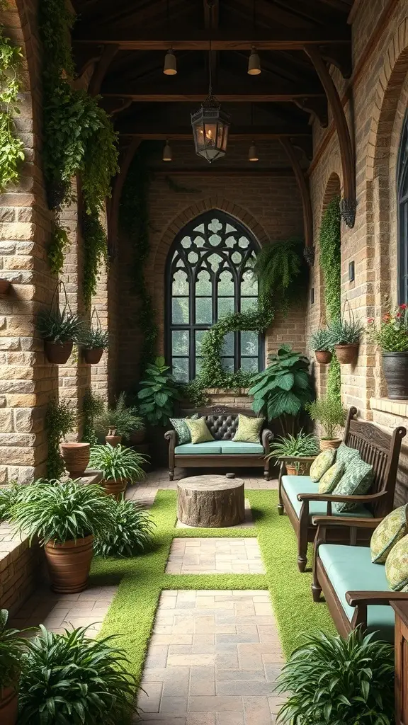 Indoor garden with stone walls, plants, and seating in a castle-inspired interior.