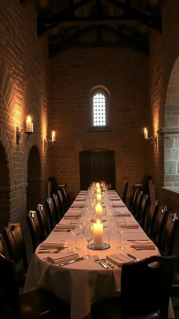 Candlelit dining table in a castle-inspired interior with stone walls and elegant furnishings.