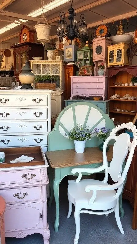 A vintage market showcasing hand-painted furniture with shoppers exploring the aisles.