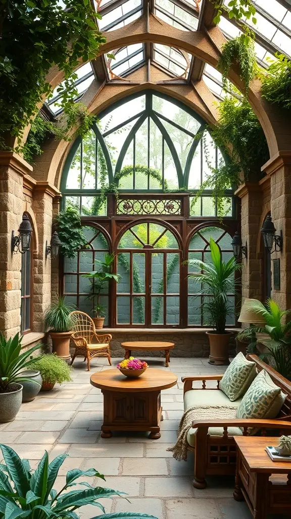 A nature-inspired conservatory featuring stone walls, large windows, and lush plants.