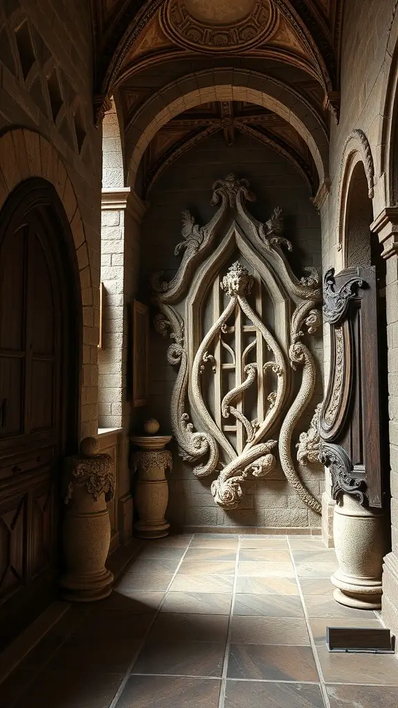 A beautifully crafted hallway with intricate stone walls and woodwork, featuring a central panel resembling vines.
