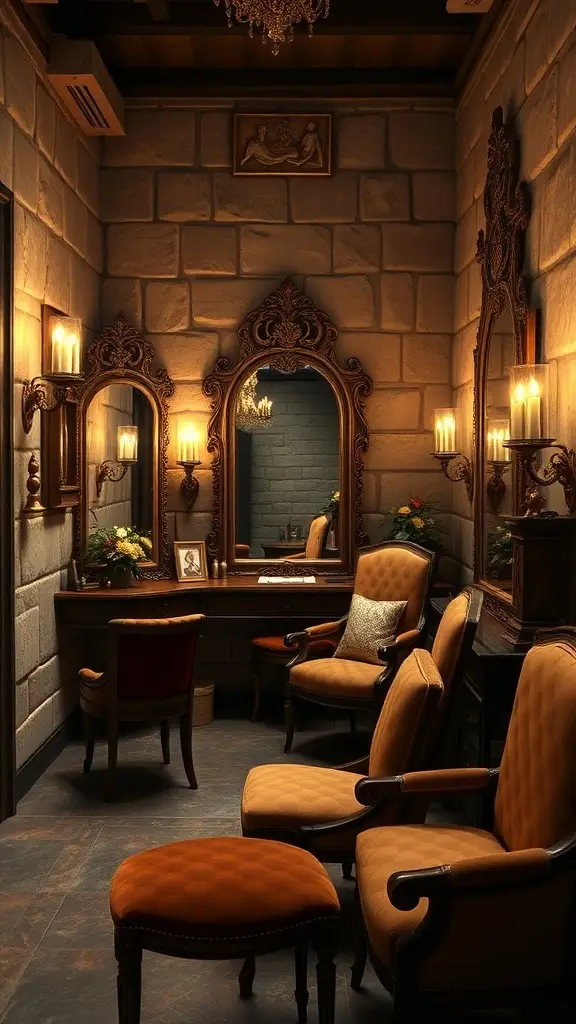 A cozy dressing area with stone walls, ornate mirrors, and antique furnishings.