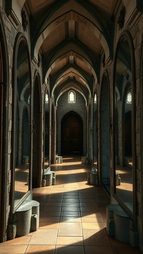 A hall with tall arched mirrors, stone walls, and a beautifully designed ceiling, reflecting light and creating a grand atmosphere.