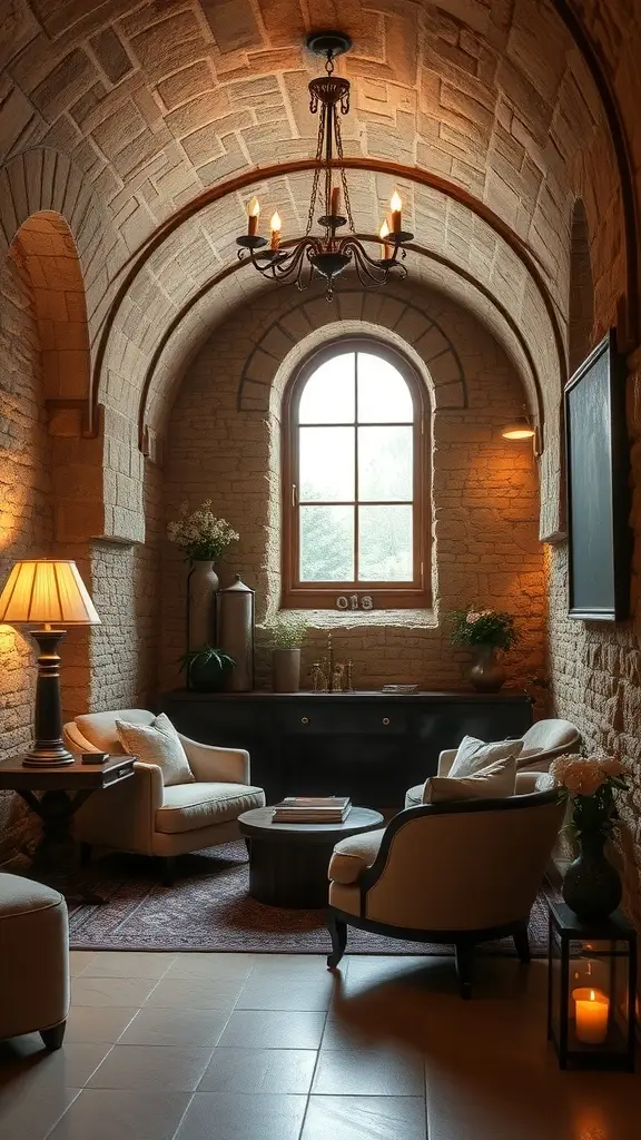 A cozy boudoir with stone walls, antique furniture, and warm lighting.