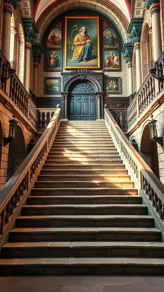 A grand staircase leading to a beautifully decorated doorway with paintings and ornate railings.