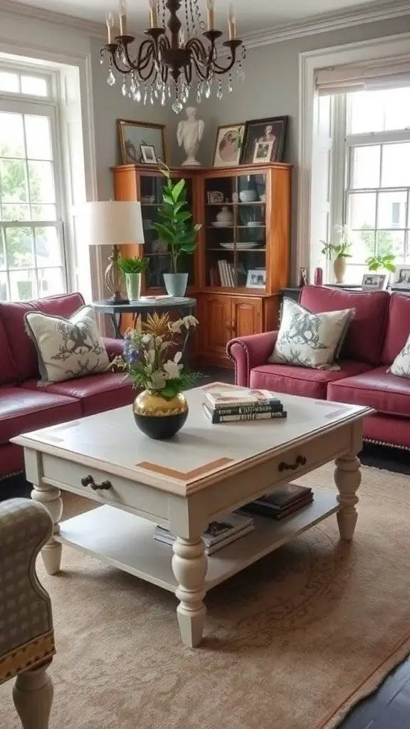 A cozy living room with vintage hand-painted furniture, featuring a beautifully designed coffee table and warm lighting.