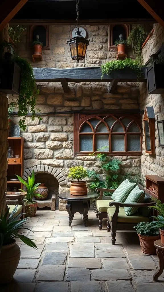 A cozy garden room with stone walls, potted plants, and antique furnishings.