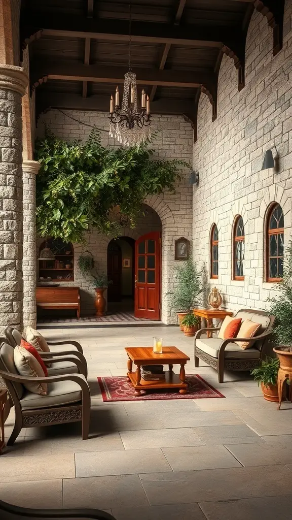 An elegant outdoor space with stone walls, comfortable seating, a chandelier, and lush greenery.