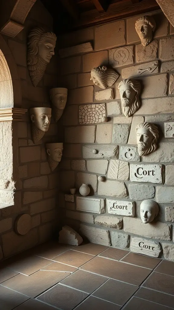 A stone wall featuring artistic sculptures, including faces and decorative elements, in a castle-inspired interior.