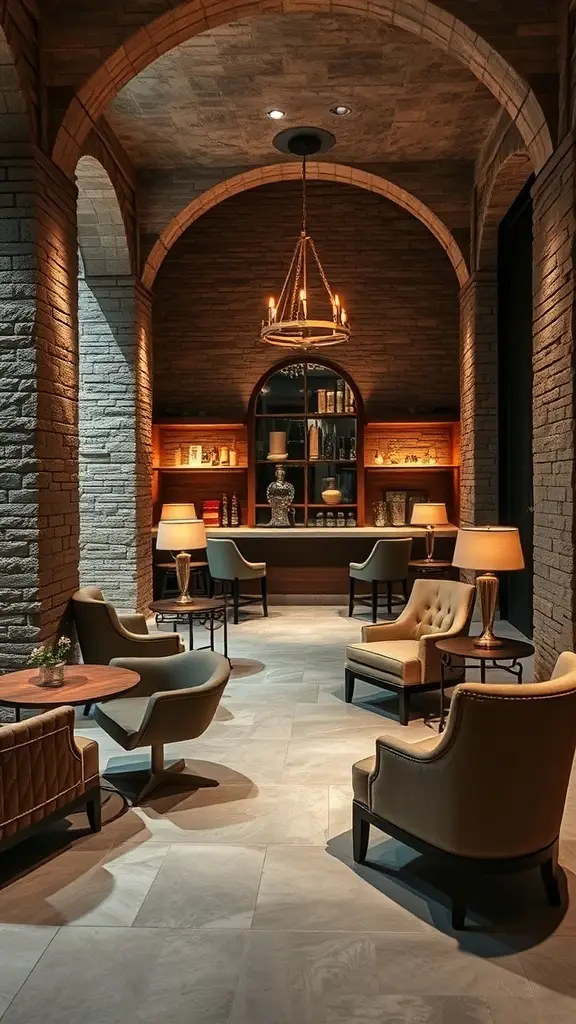 A sophisticated lounge area with stone walls, leather furniture, and elegant lighting.