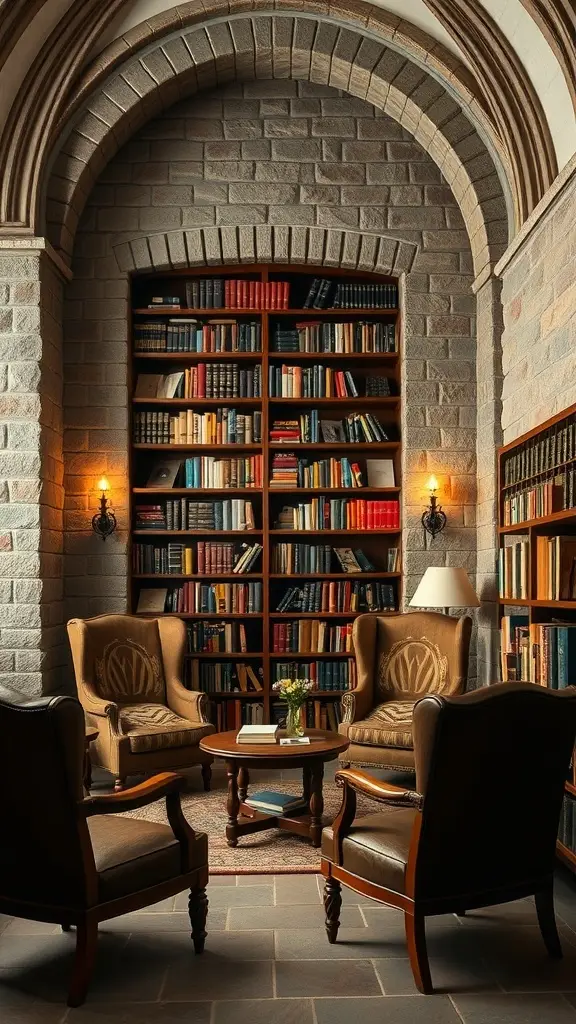 A cozy reading room with stone walls, bookshelves filled with books, and comfortable armchairs.