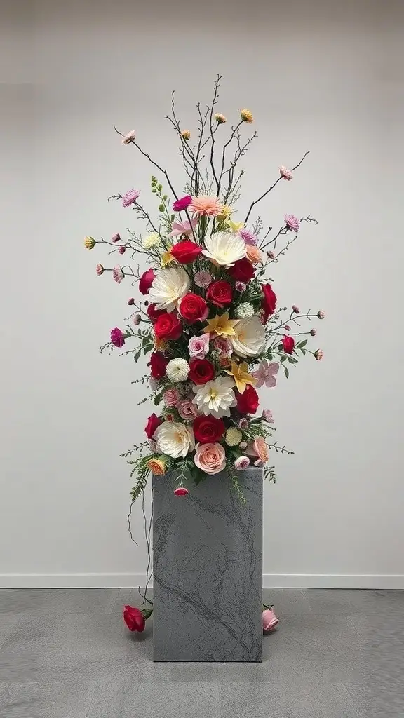 A tall floral sculpture featuring a variety of colorful flowers arranged in a striking design.