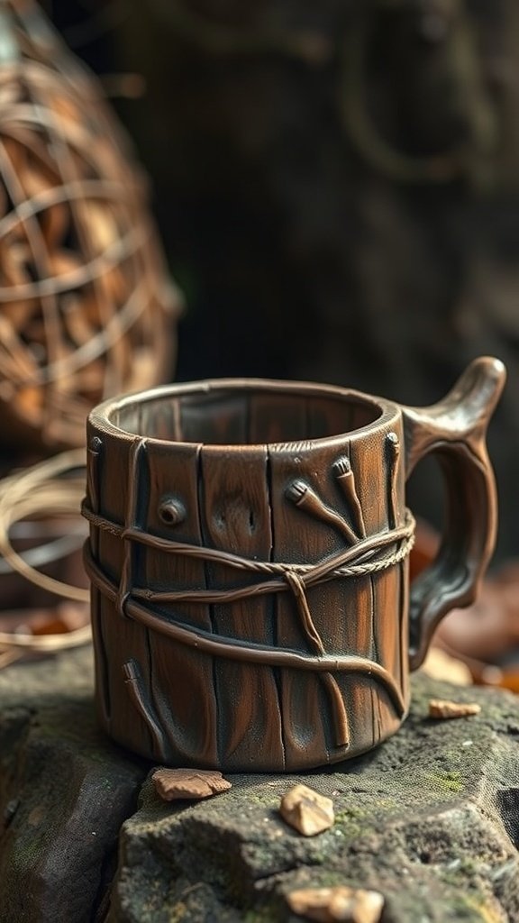A rustic mug designed to look like it's made from wood, featuring twigs and knots for a Wildling-inspired aesthetic.