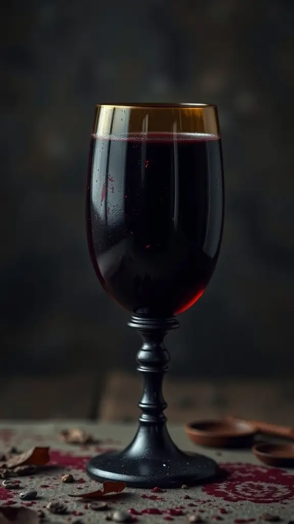A dark wine goblet filled with red wine, featuring an ornate design and a golden rim.