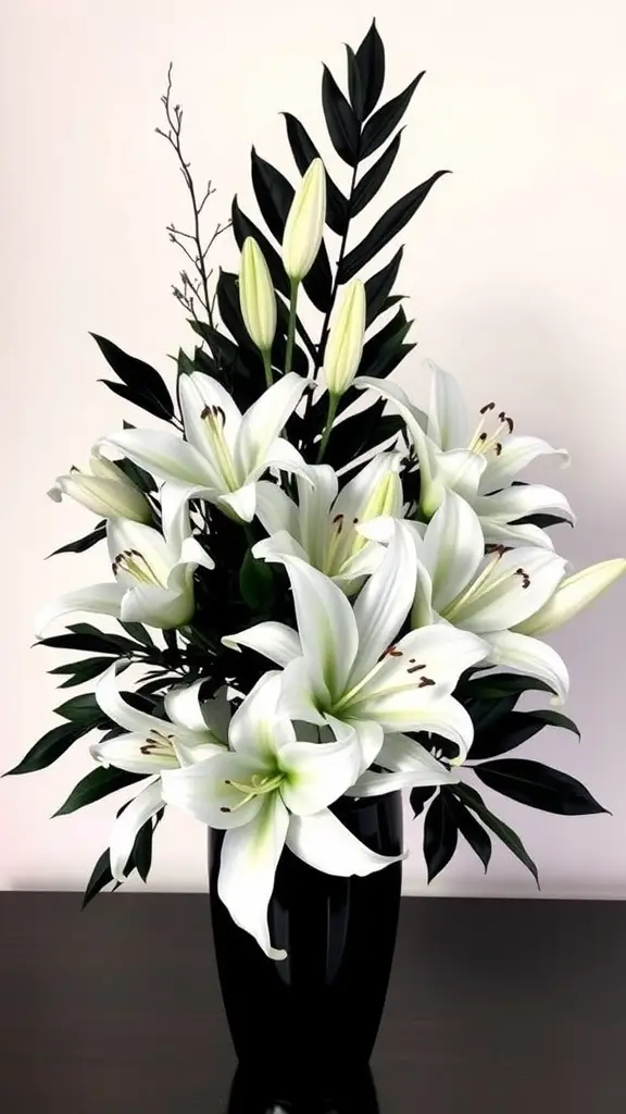 A dramatic monochrome flower display featuring white lilies and greenery in a black vase.