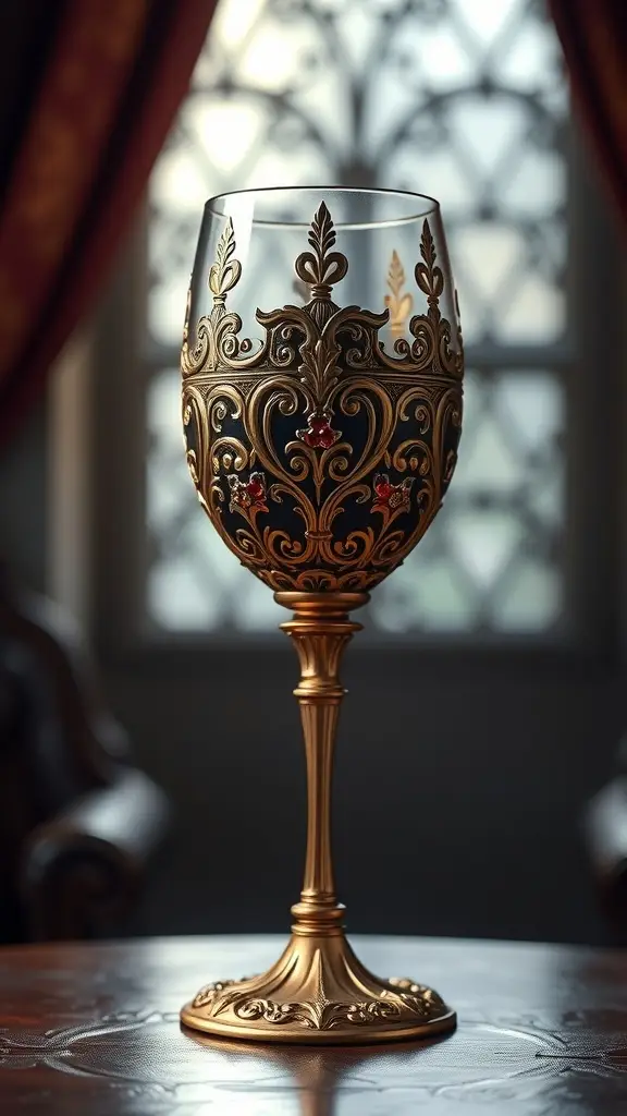 A regal wine glass with intricate gold detailing and red accents, inspired by Cersei Lannister from Game of Thrones.