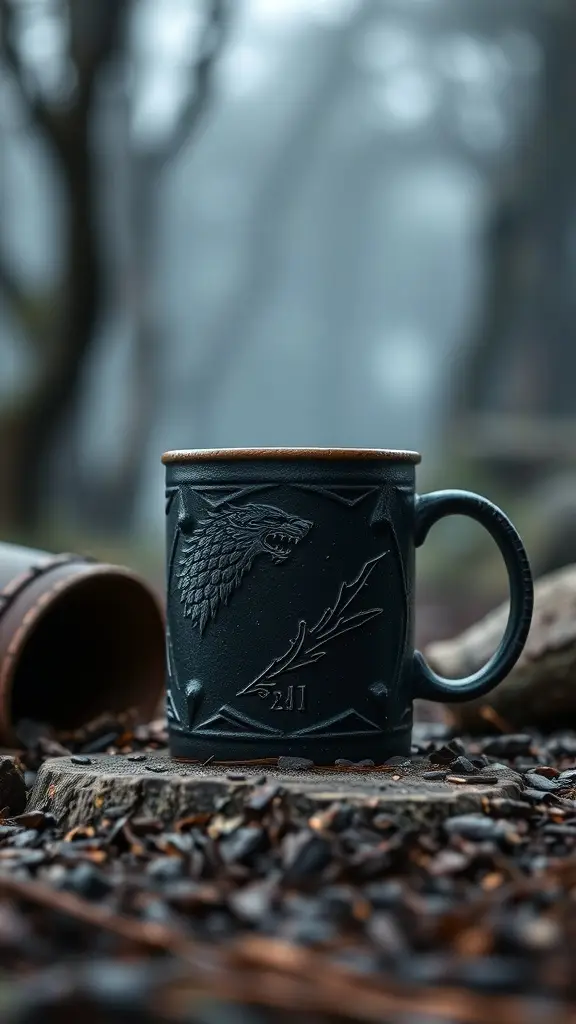 A dark mug with a wolf emblem, inspired by Arya Stark from Game of Thrones, placed on a wooden surface with scattered coffee beans.
