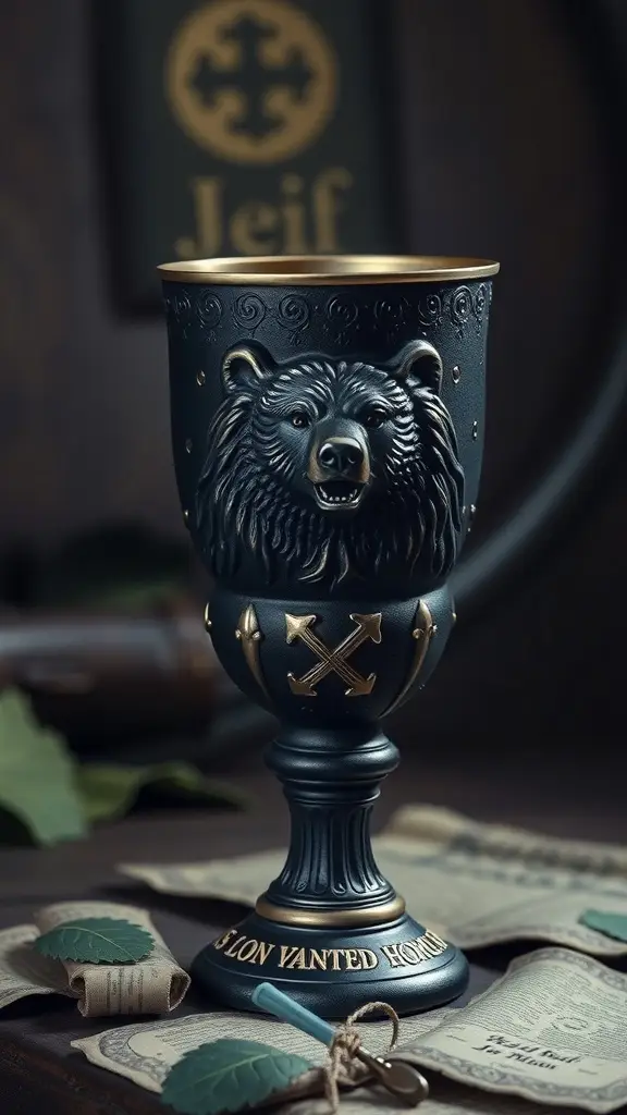 A decorative goblet featuring a bear motif and gold accents, inspired by Jorah Mormont from Game of Thrones.