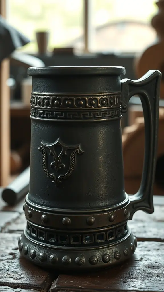 A dark tankard with intricate designs and a sturdy handle, reminiscent of Gendry's craftsmanship in Game of Thrones.