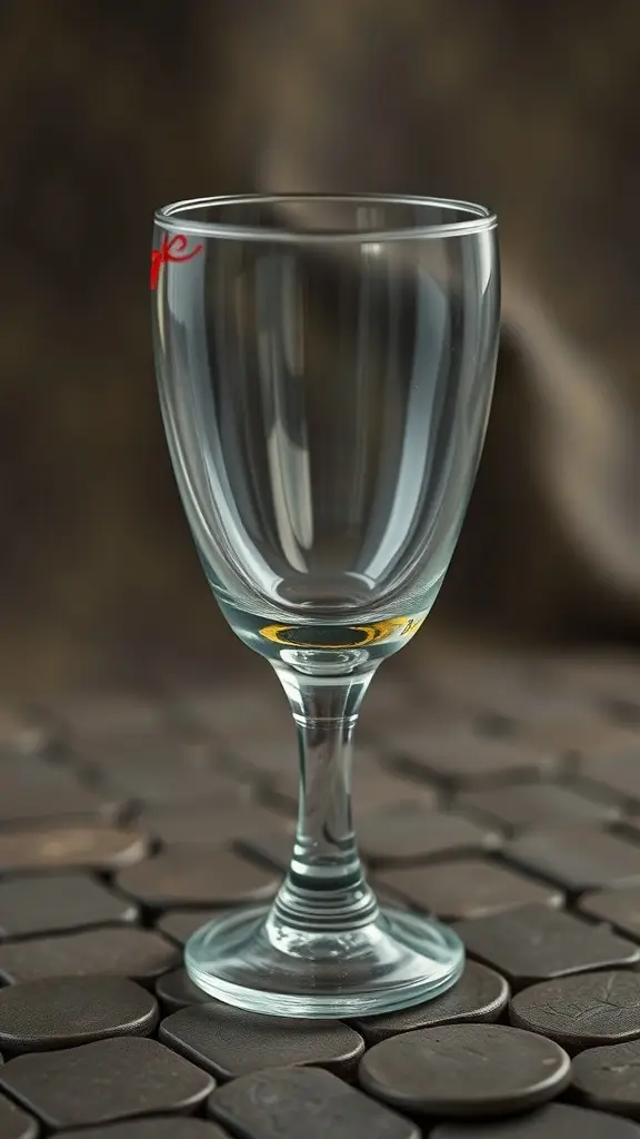A clear crystal goblet with a delicate stem and a red accent, inspired by Olenna Tyrell from Game of Thrones.