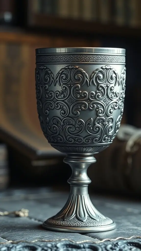 A beautifully crafted silver goblet with intricate designs, symbolizing Rhaegar Targaryen from Game of Thrones.