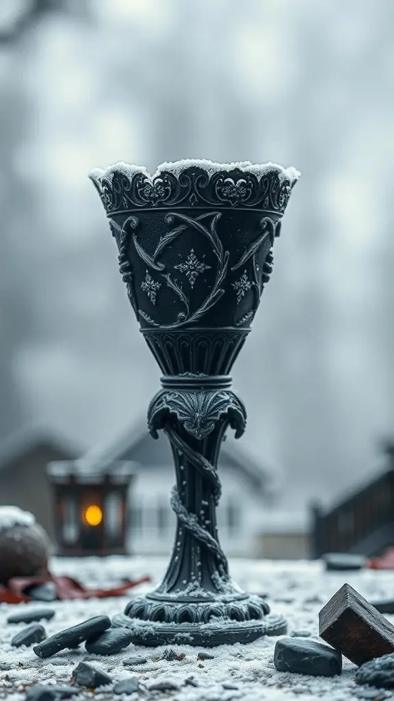A dark, ornate frosted chalice with intricate designs, set in a snowy background.