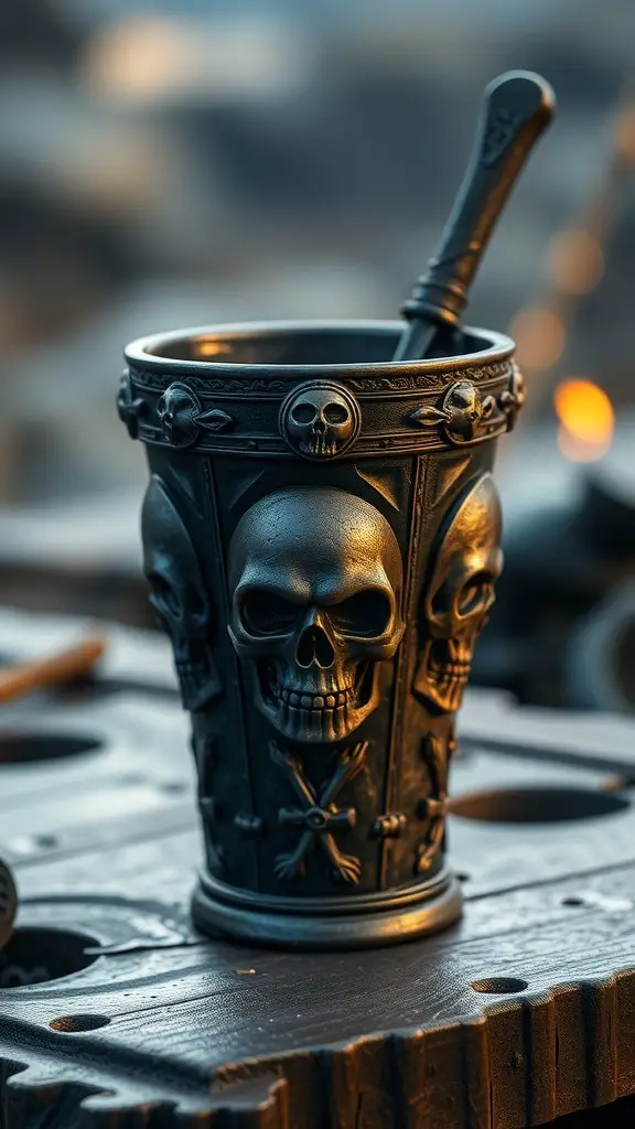 A dark pirate cup with skulls and crossbones design, inspired by Euron Greyjoy from Game of Thrones.